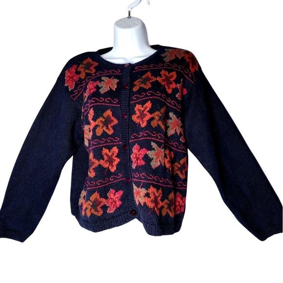 VTG Milano Design Group Women’s L Navy Knit Cardigan Sweater Autumn Leaves 80s - Picture 1 of 8